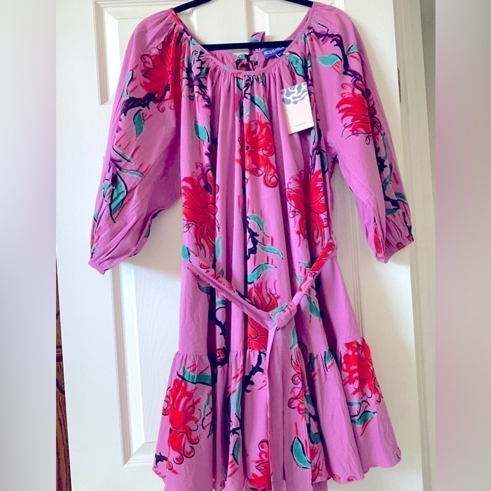 Ro’s Garden Vera Pink Floral Puff Sleeve Mini Dress Tie Waist Ruffle Hem Size M - Picture 3 of 16